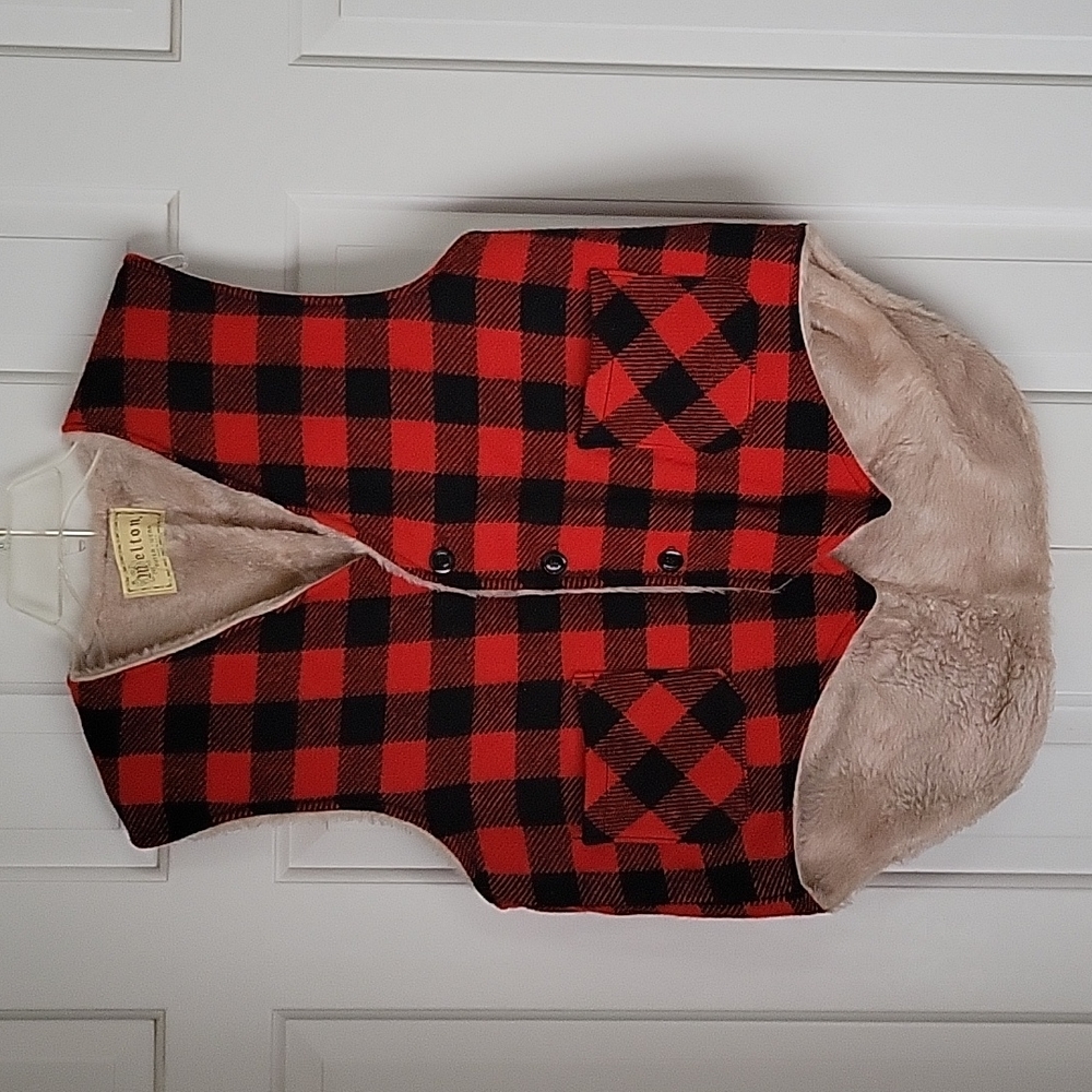 Melton vintage Buffalo plaid faux fur lined outdoor vest unisex men's sz S